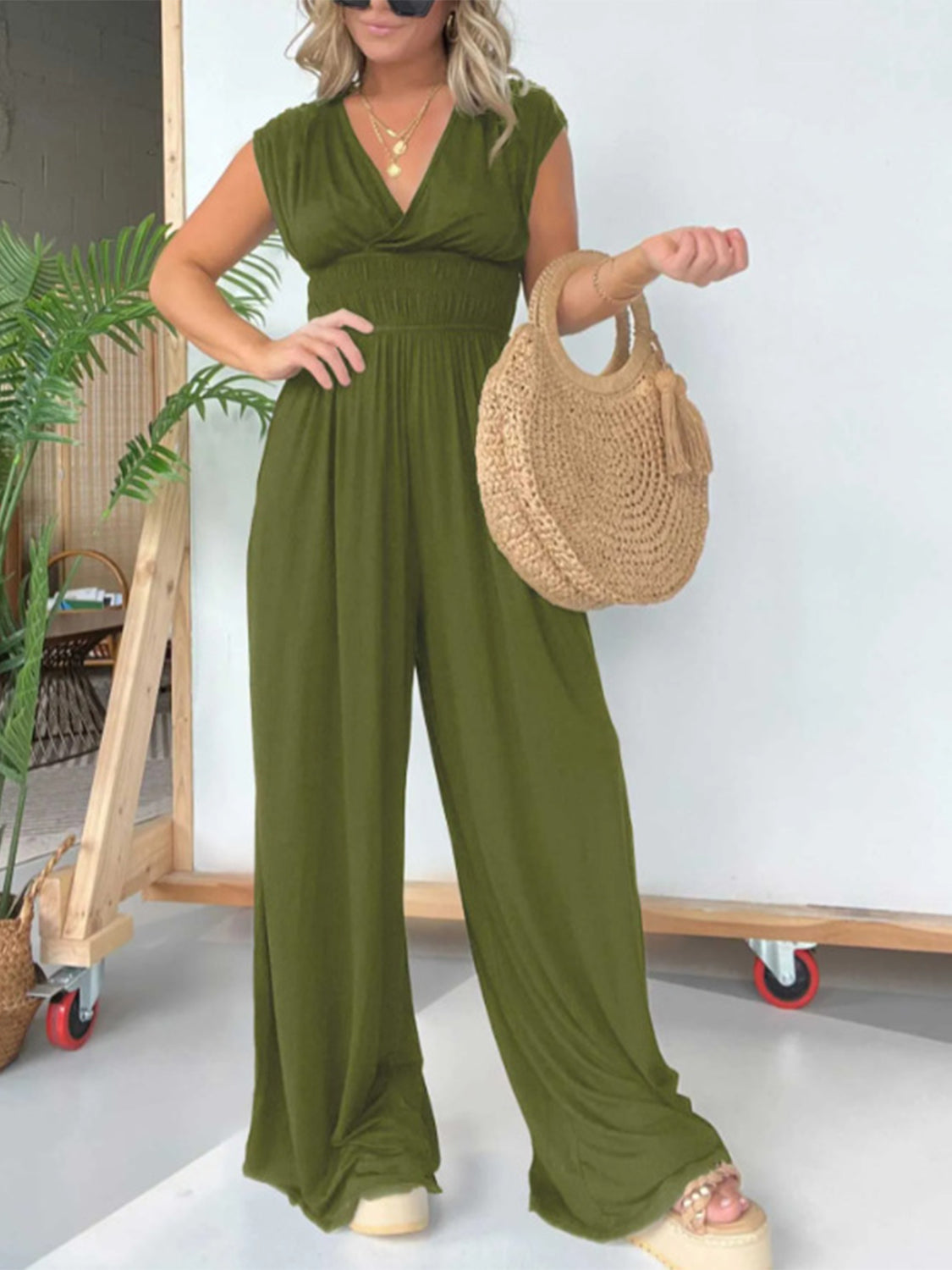 Smocked Cap Sleeve Wide Leg Jumpsuit