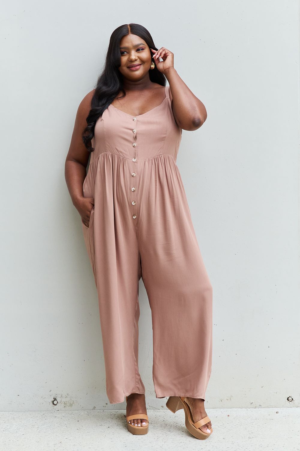 HEYSON All Day Full Size Wide Leg Button Down Jumpsuit in Mocha